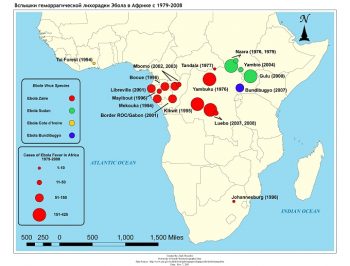 Распостраниение вируса Эбола с 1979-2008 в африке
